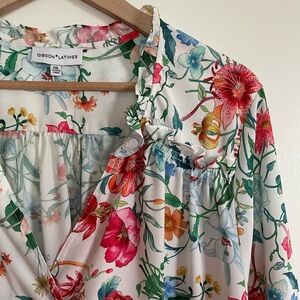 Gibson Latimer Multicolored Floral Ruffle V-neck Chiffon Blouse Size XXL